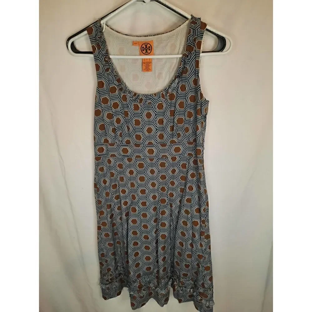 Tory Burch Neutral Geometric Patterned Navy Brown Midi Dress Fit and Flare
